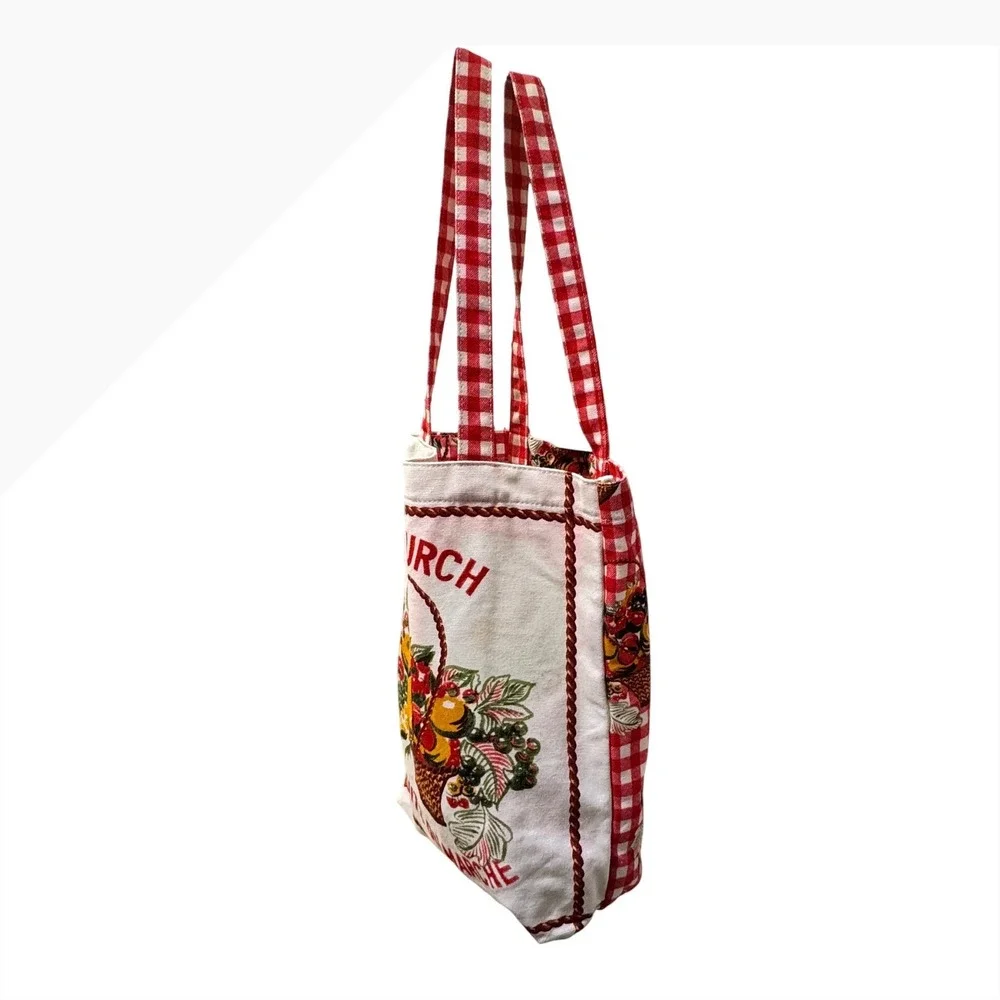 Tory Burch Fruits Du Marche Canvas Tote Bag Red Gingham French Market Bag